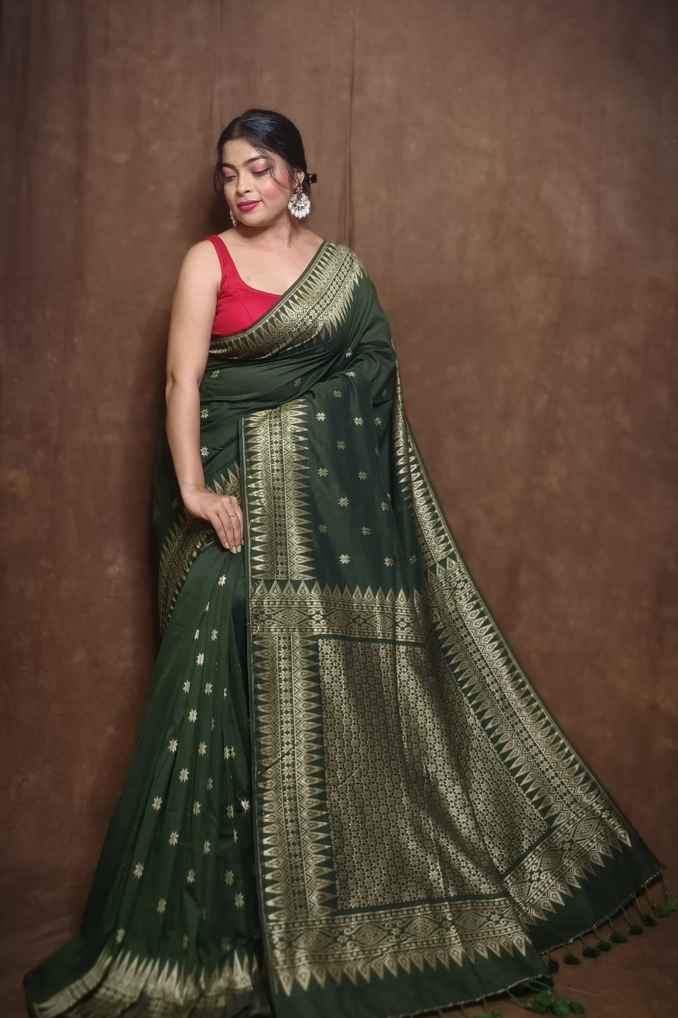 Mercerized cotton jamdani saree With Dark Green -091 - indeloom