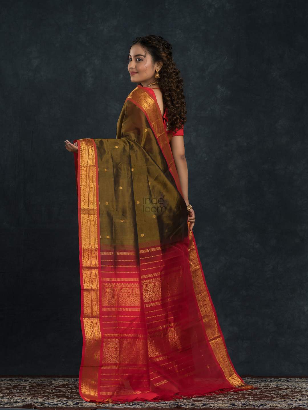 Korvai Saree with small buttas Forest Green And Golden Red Border - 157