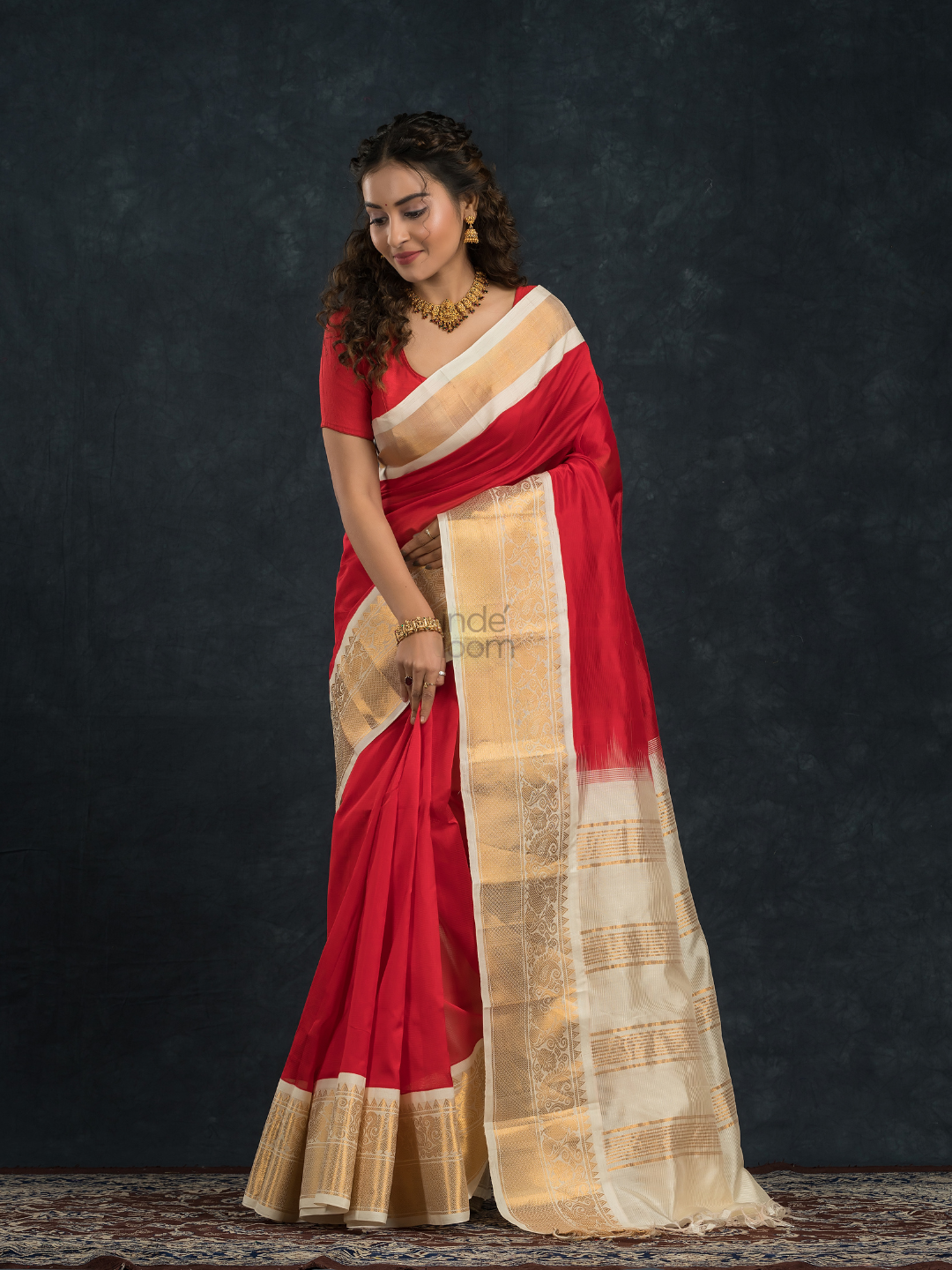 Korvai Saree in Hot Red and Ivory White Border - 001