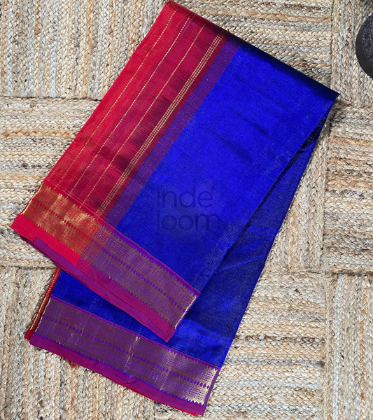 Navy Blue - Falu Red Design Border Korvai Saree - 042