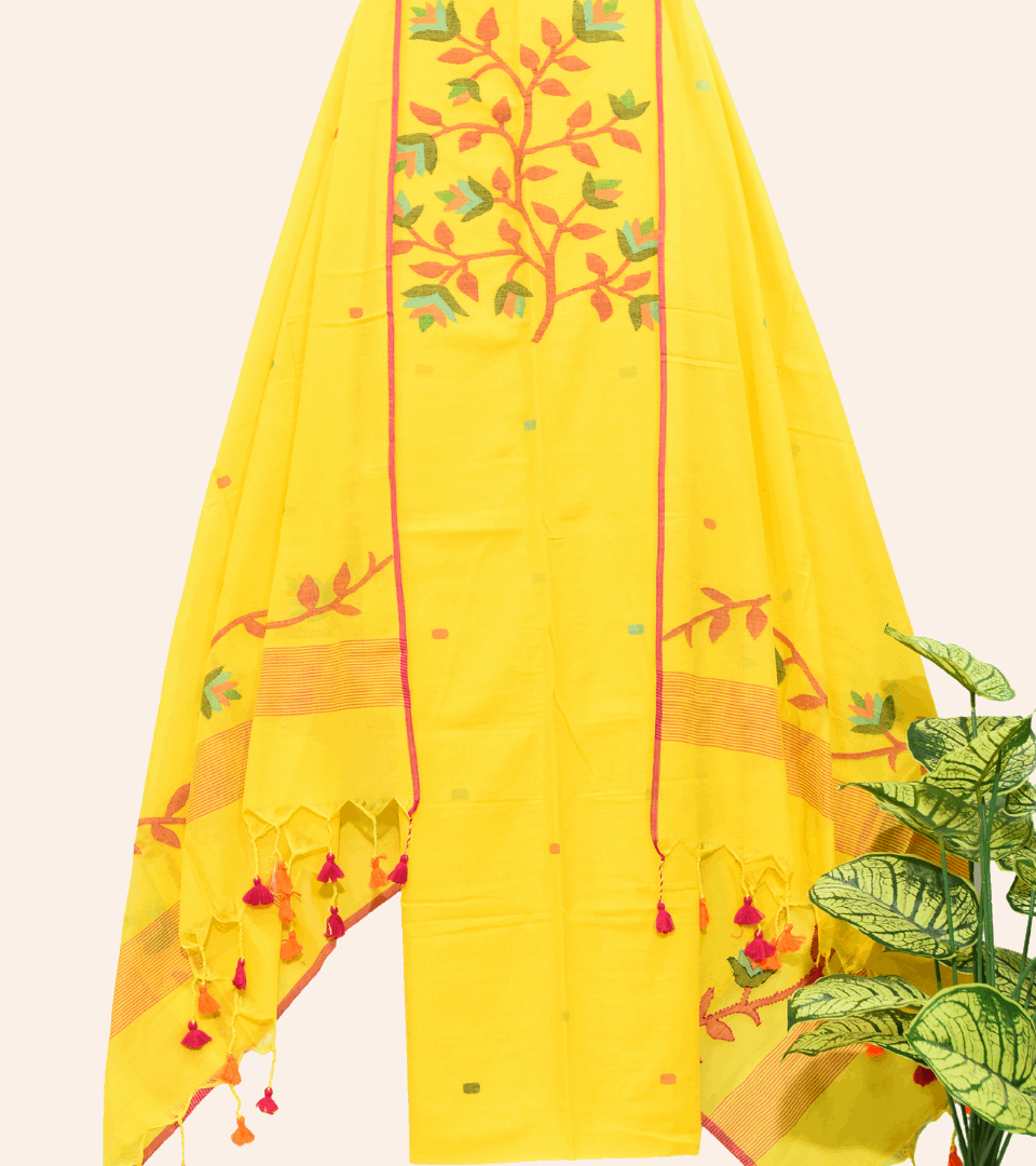 Cotton  Jamdani 2 Piece Set Kurti & Dupatta with  Bright yellow -177