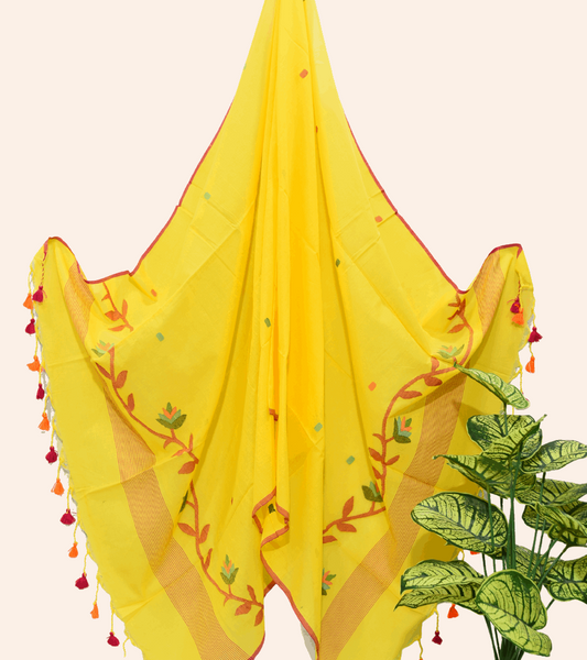 Cotton  Jamdani 2 Piece Set Kurti & Dupatta with  Bright yellow -177