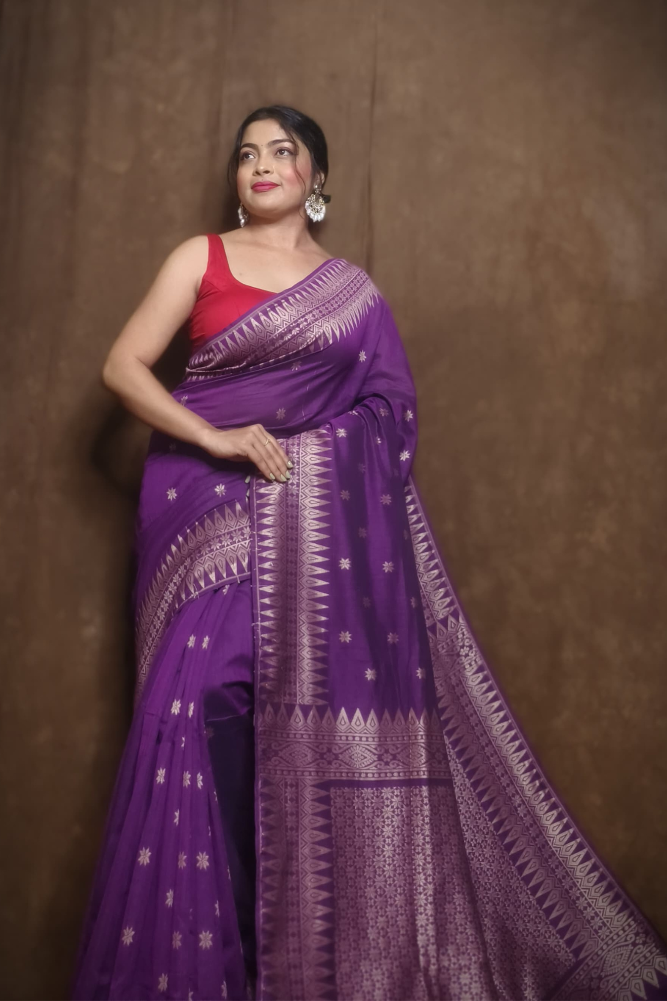 Mercerized cotton jamdani saree With Plum Purple  -089