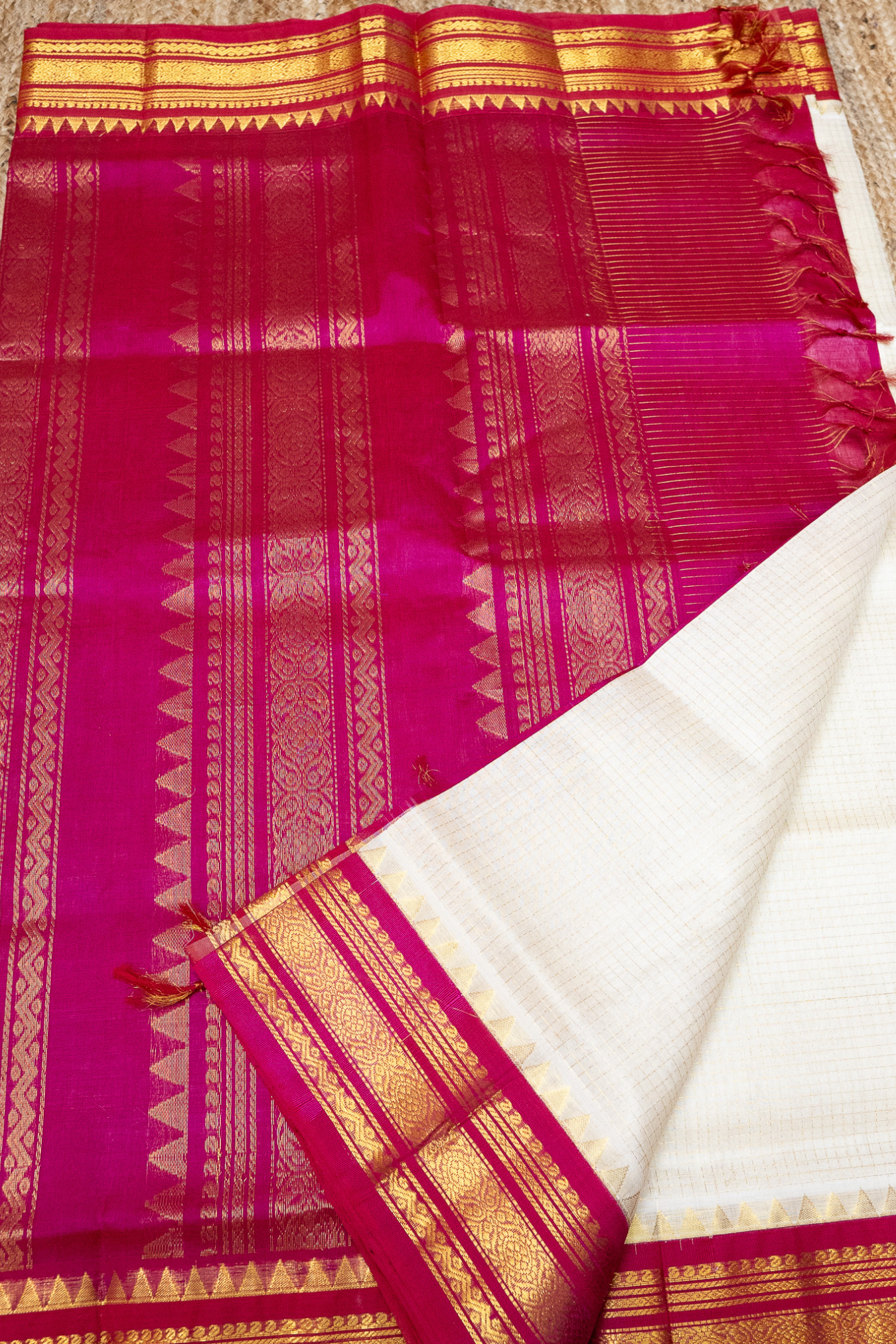 Pure Handloom Korvai Silk Cotton Saree in Rich Cream and Red Border with small Zari checks - 122