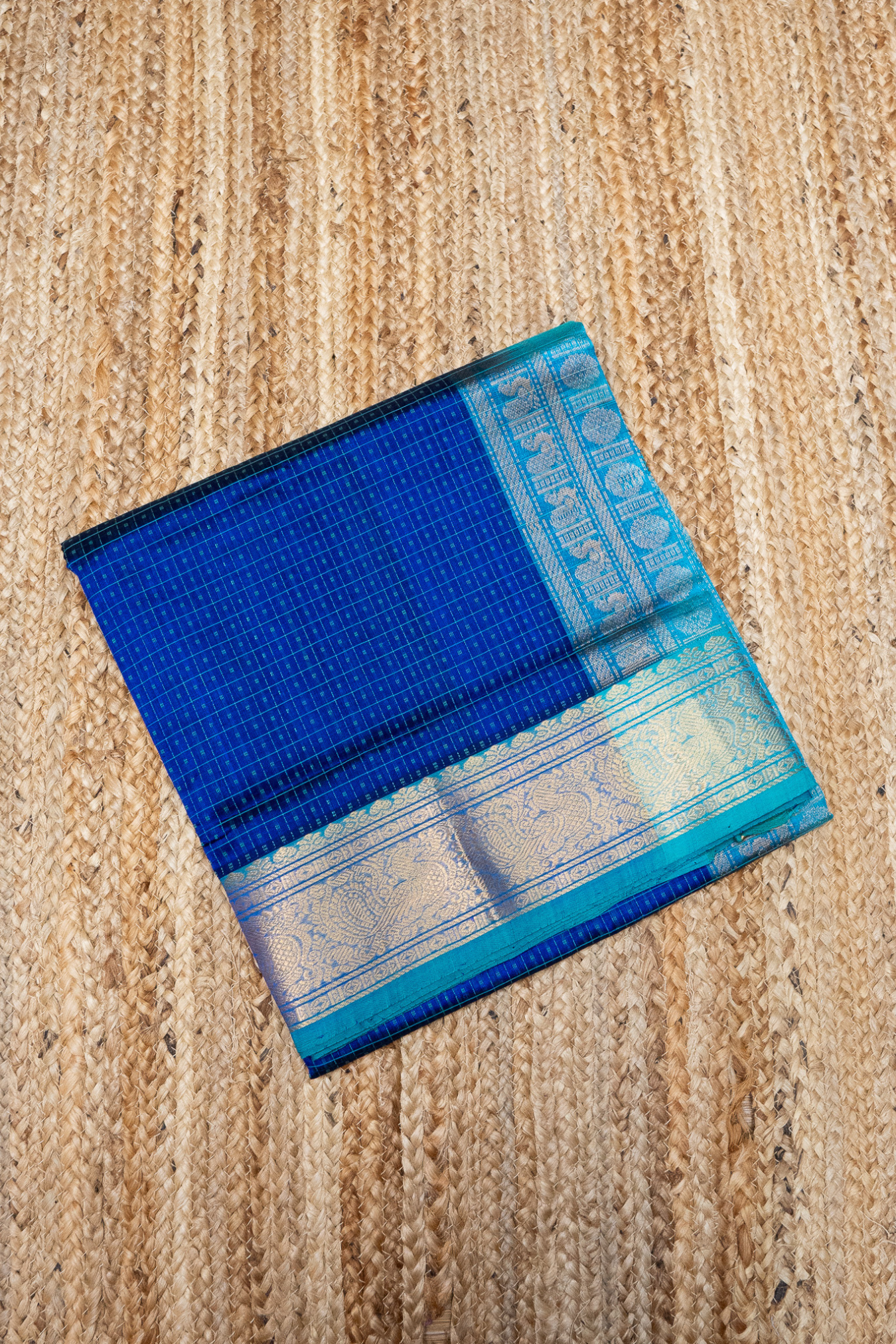 Pure handloom Korvai Silk Cotton Lakshadeepam Saree in Berry Blue and Baby Blue Border - 125