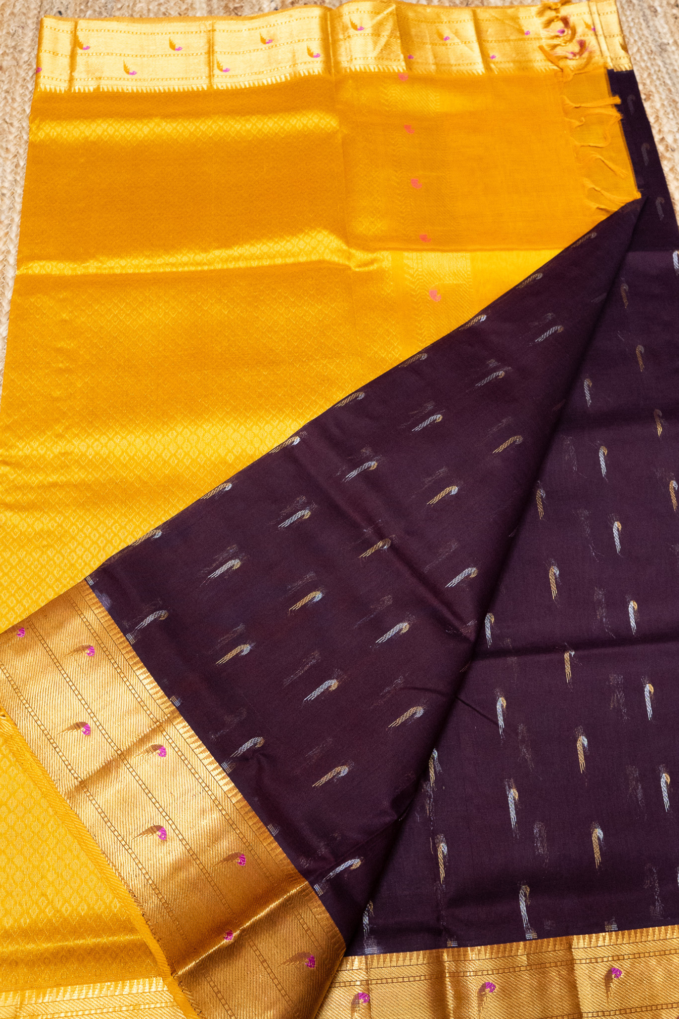 Dark Brown Golden Yellow Border Korvai Saree -126