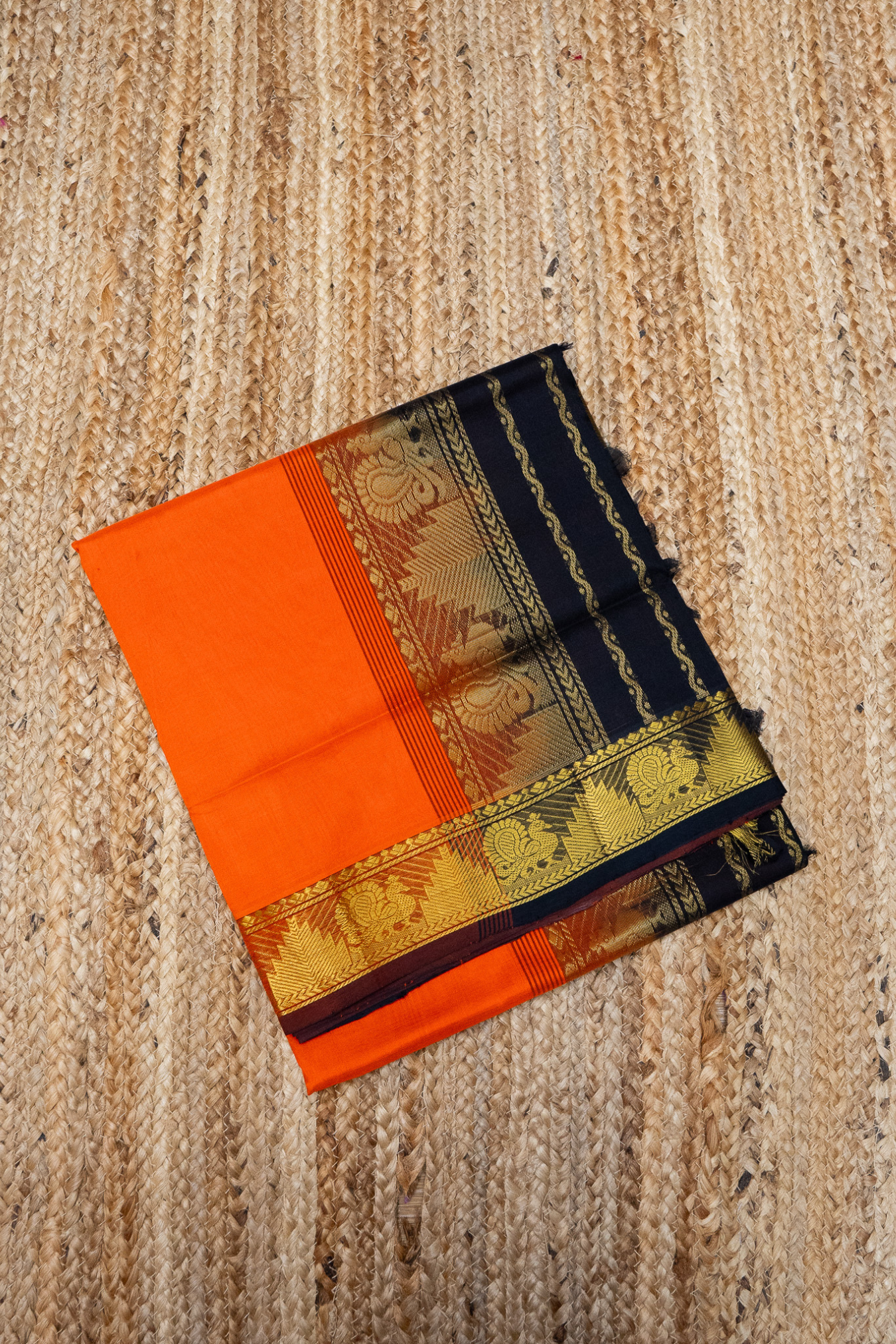 Fire Orange and Black Border  Korvai Saree -127