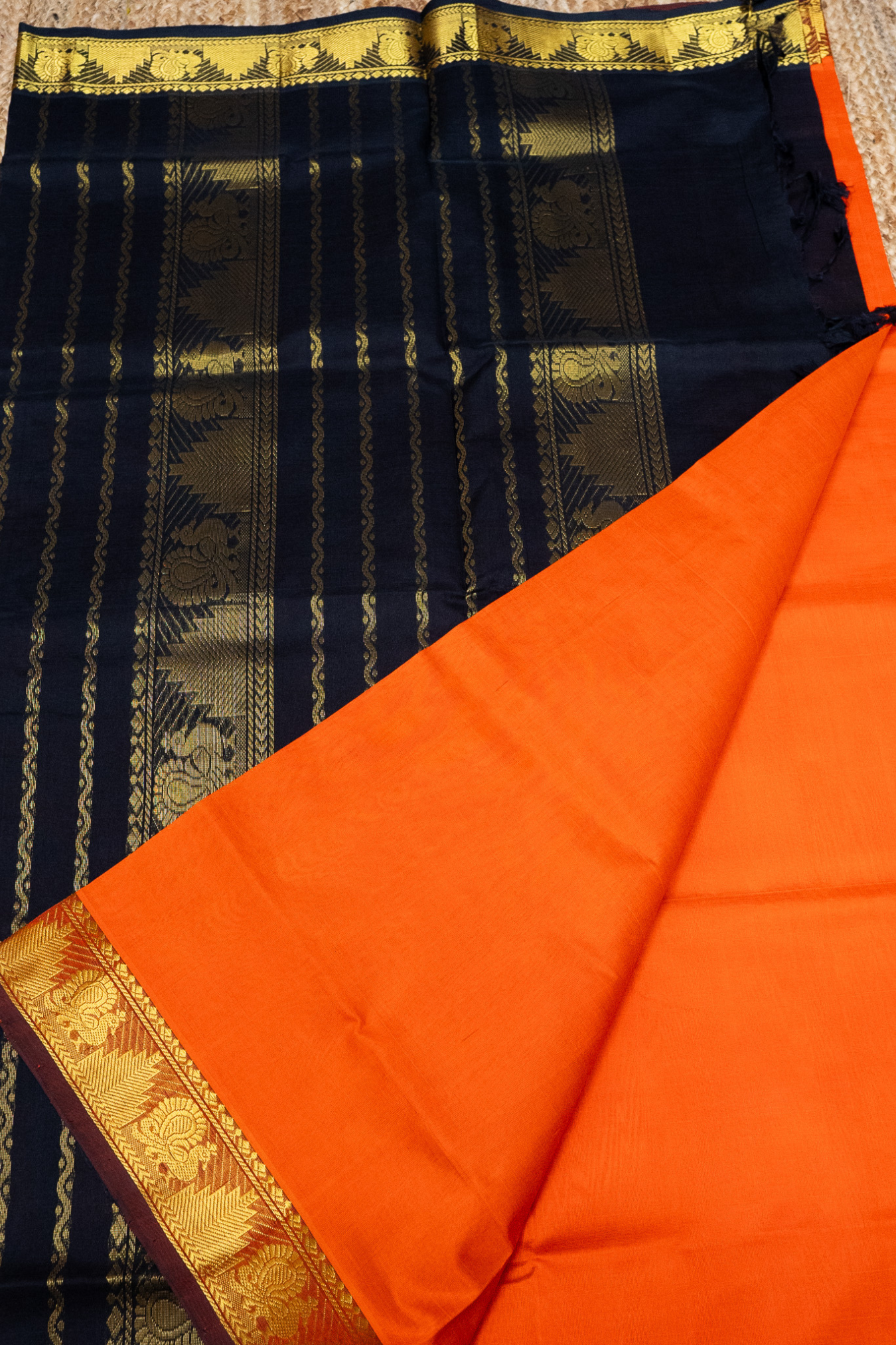 Fire Orange and Black Border  Korvai Saree -127