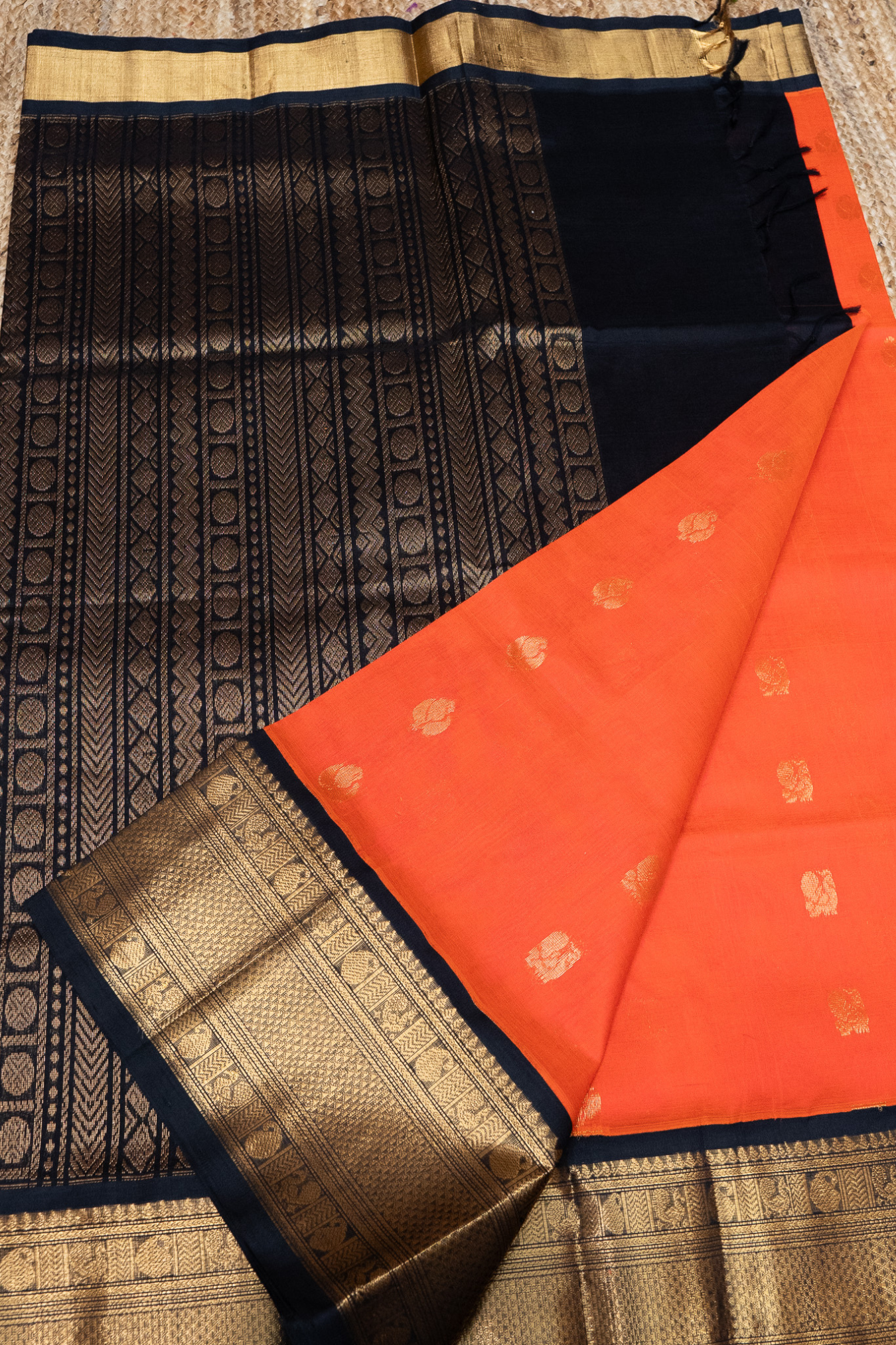 Fire Orange Golden Black Border  Korvai Saree -128