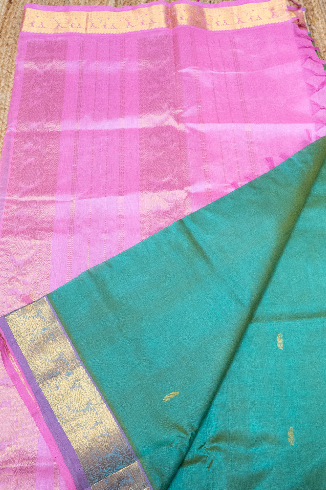 Mint Green and Light Pink Border korvai Saree -129