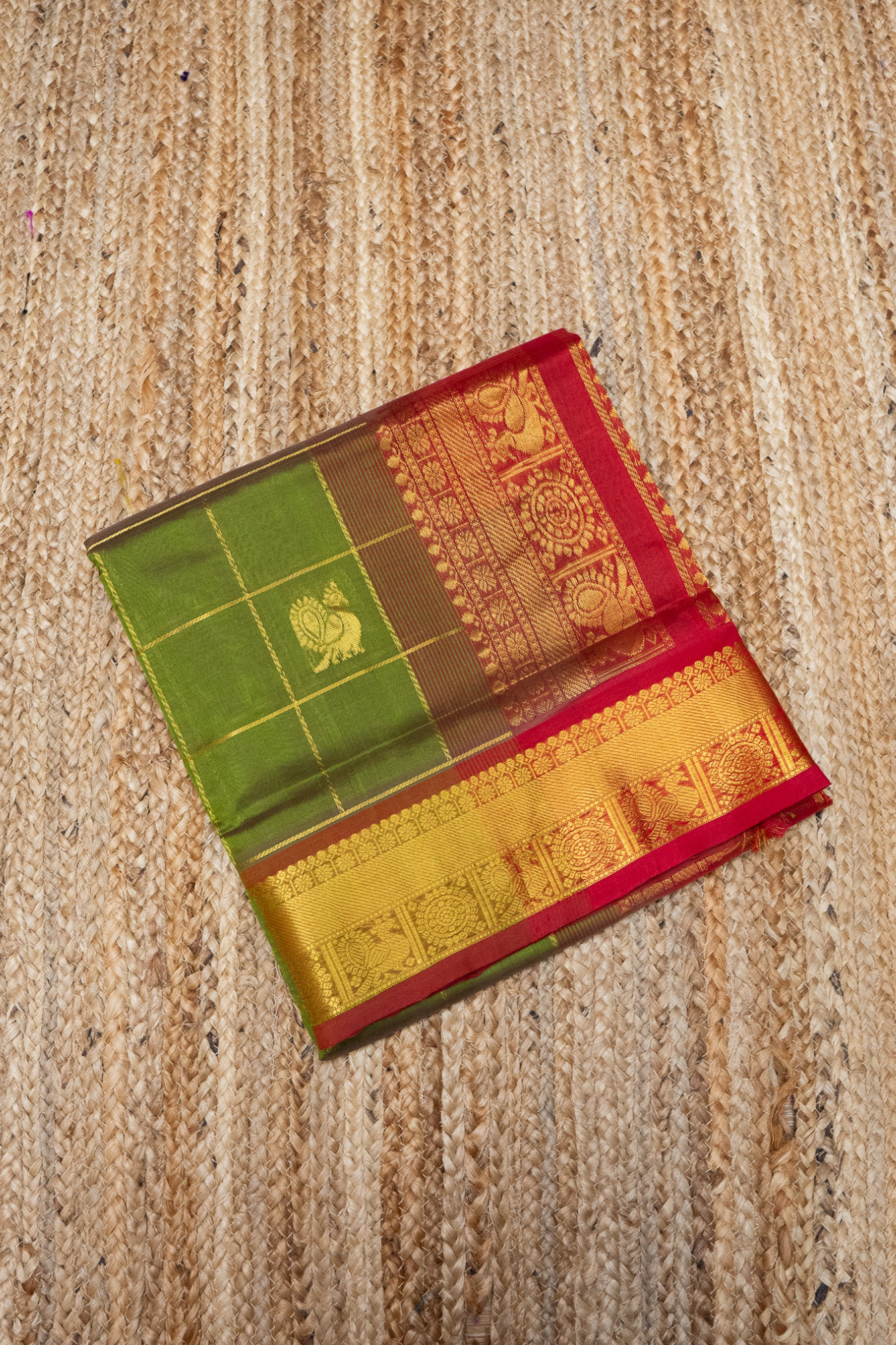 Olive Green And Red Border korvai Saree -130