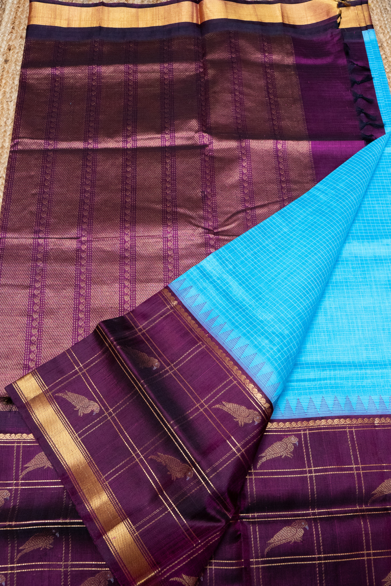 Small zari Checks and Parrot with Zari Checks Border - Blue with Purple border -131