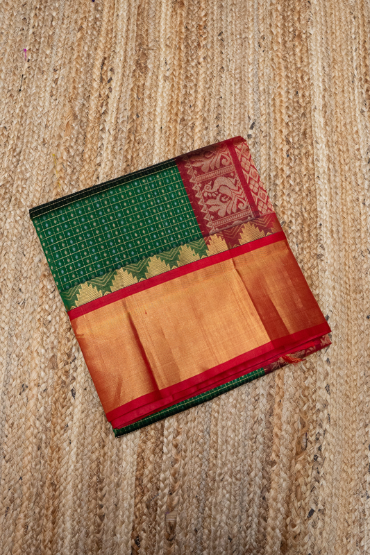 Pine Green and Golden Red Border  korvai Saree -133