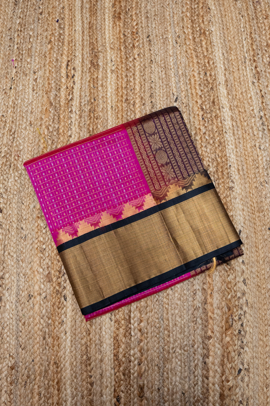 Hot Pink with Black Border korvai Saree -134