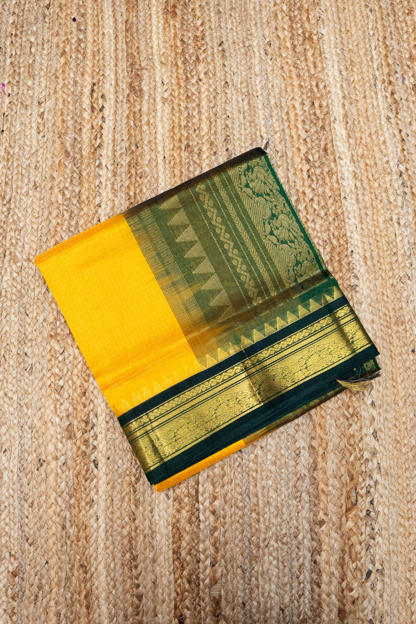 Pure Handloom Korvai Silk Cotton Vairaoosi Saree in Bright Yellow and leaf Green Border - 136