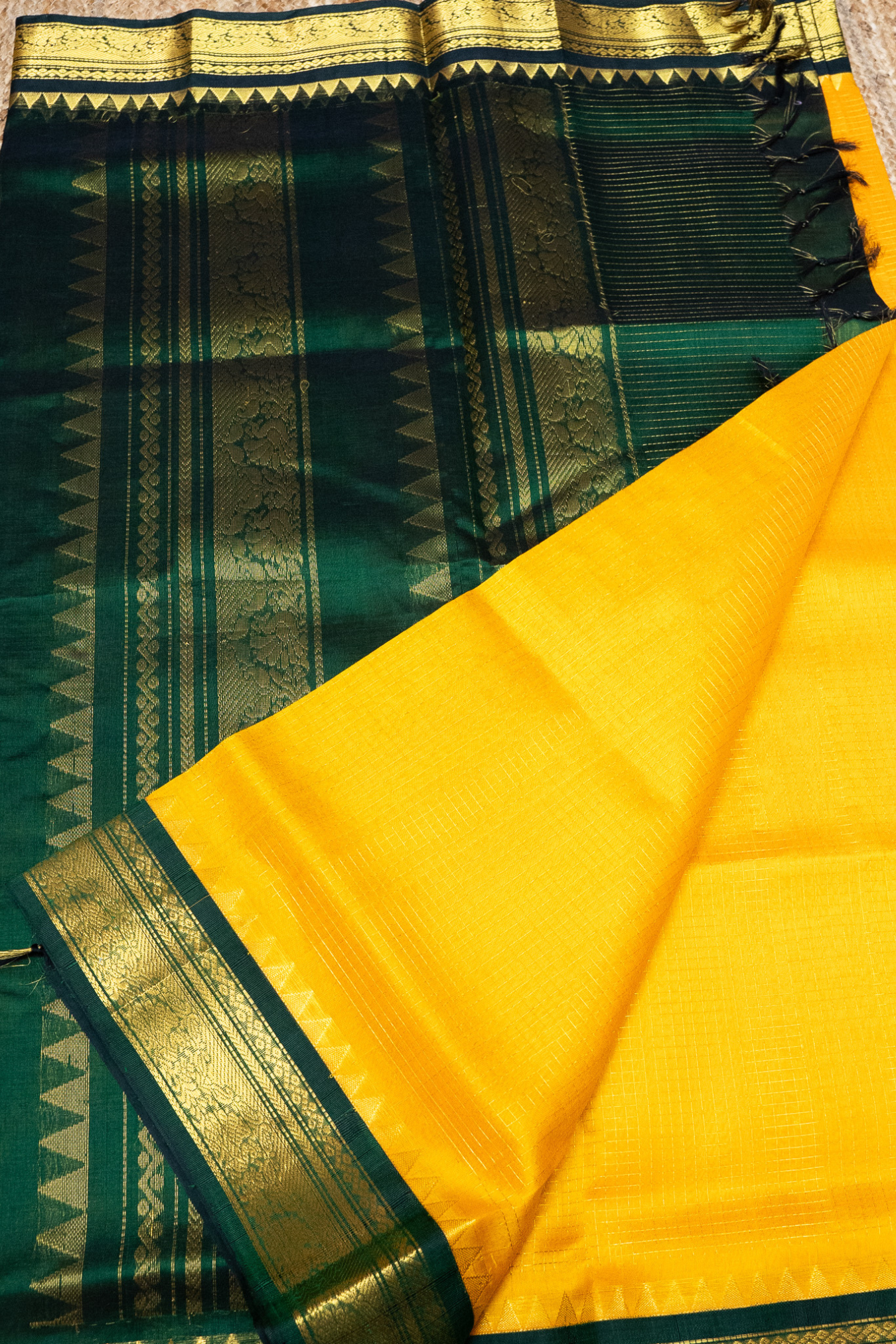 Bright Yellow and Green Border  korvai Saree -136