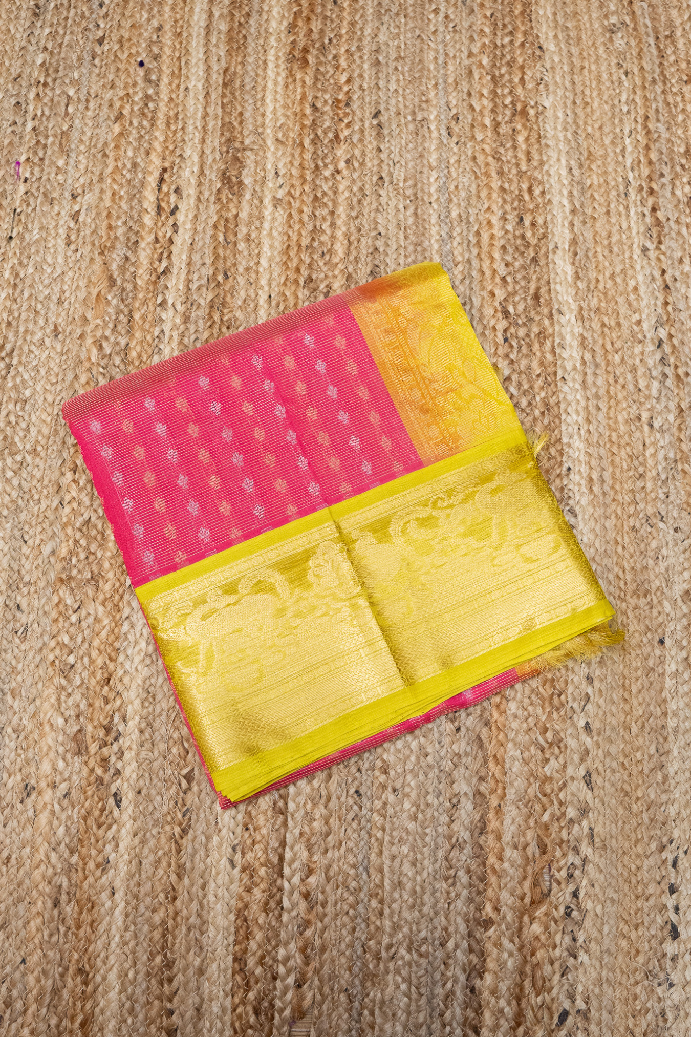 Punch Pink golden Yellow Border korvai Saree -137