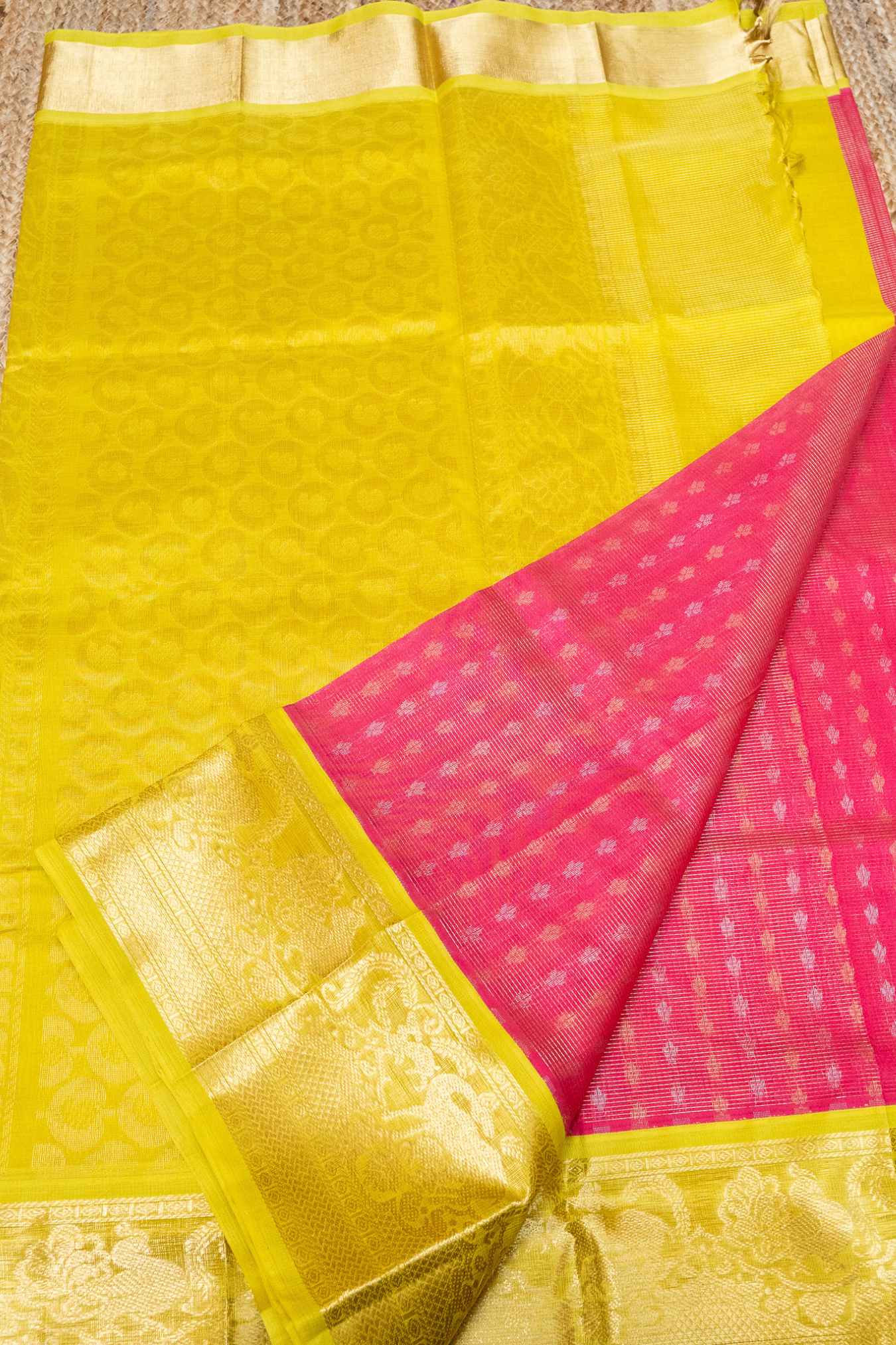 Punch Pink golden Yellow Border korvai Saree -137