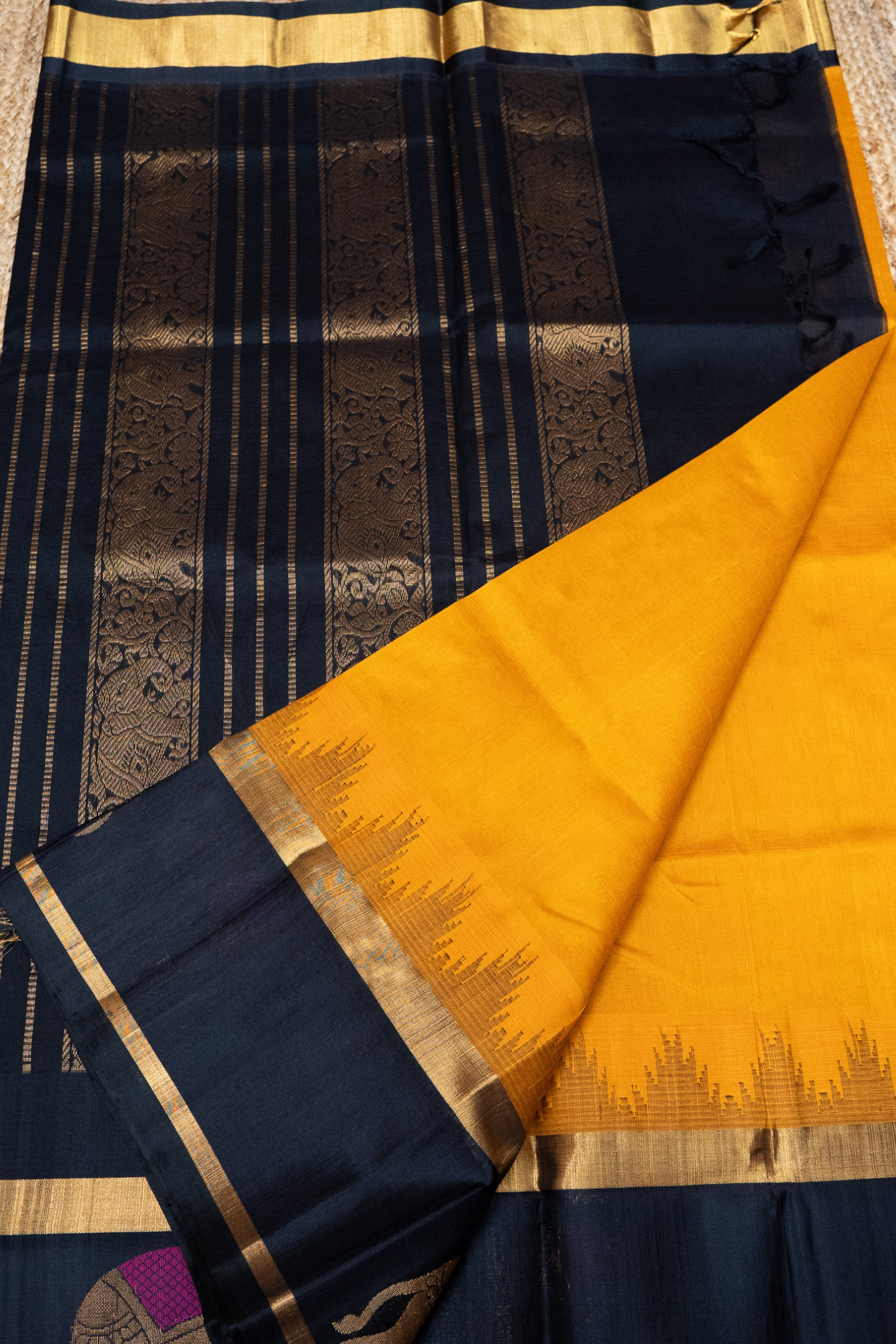 Mustard Yellow And Black Border korvai Saree -138