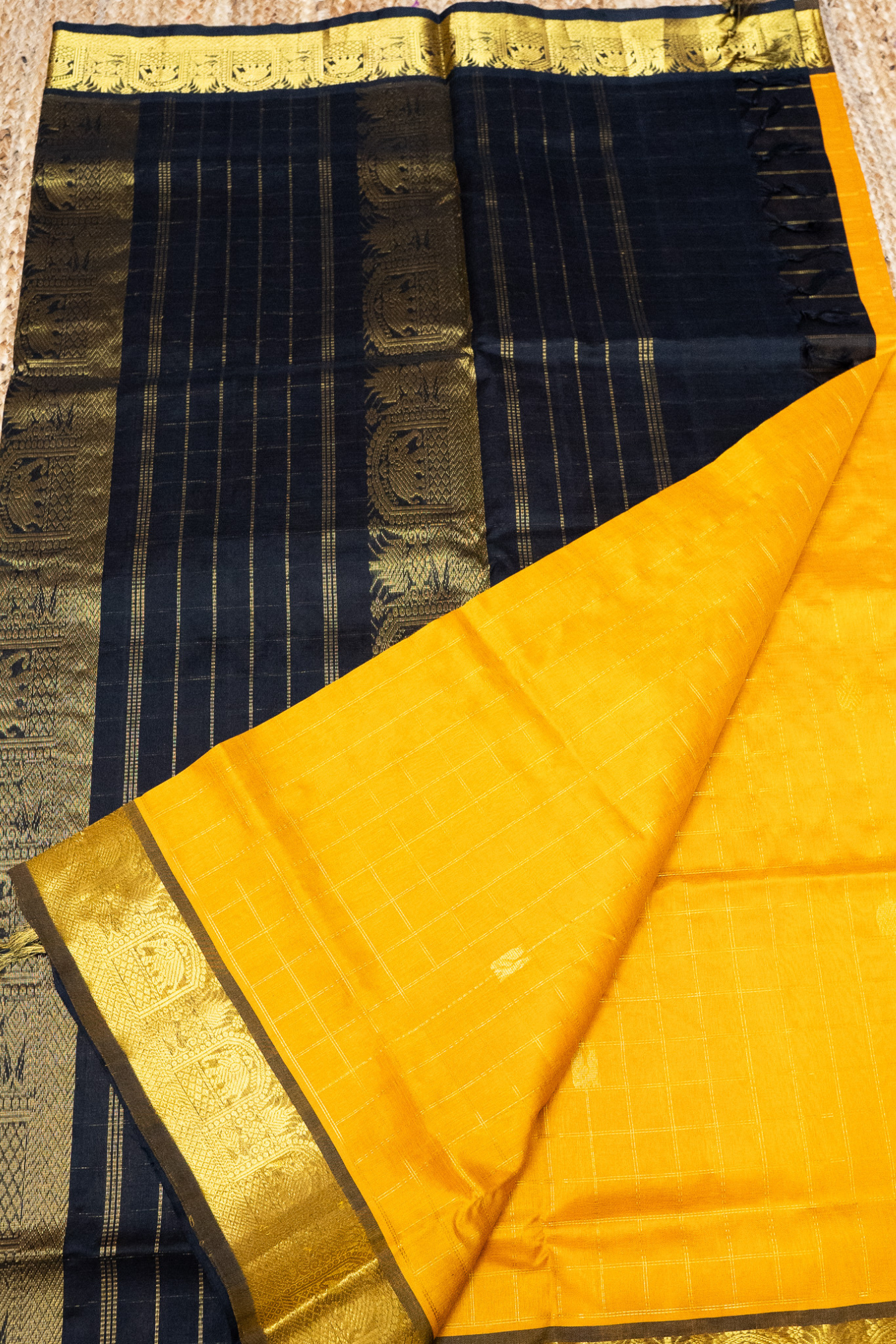 Golden Yellow with Black Border  korvai Saree -139