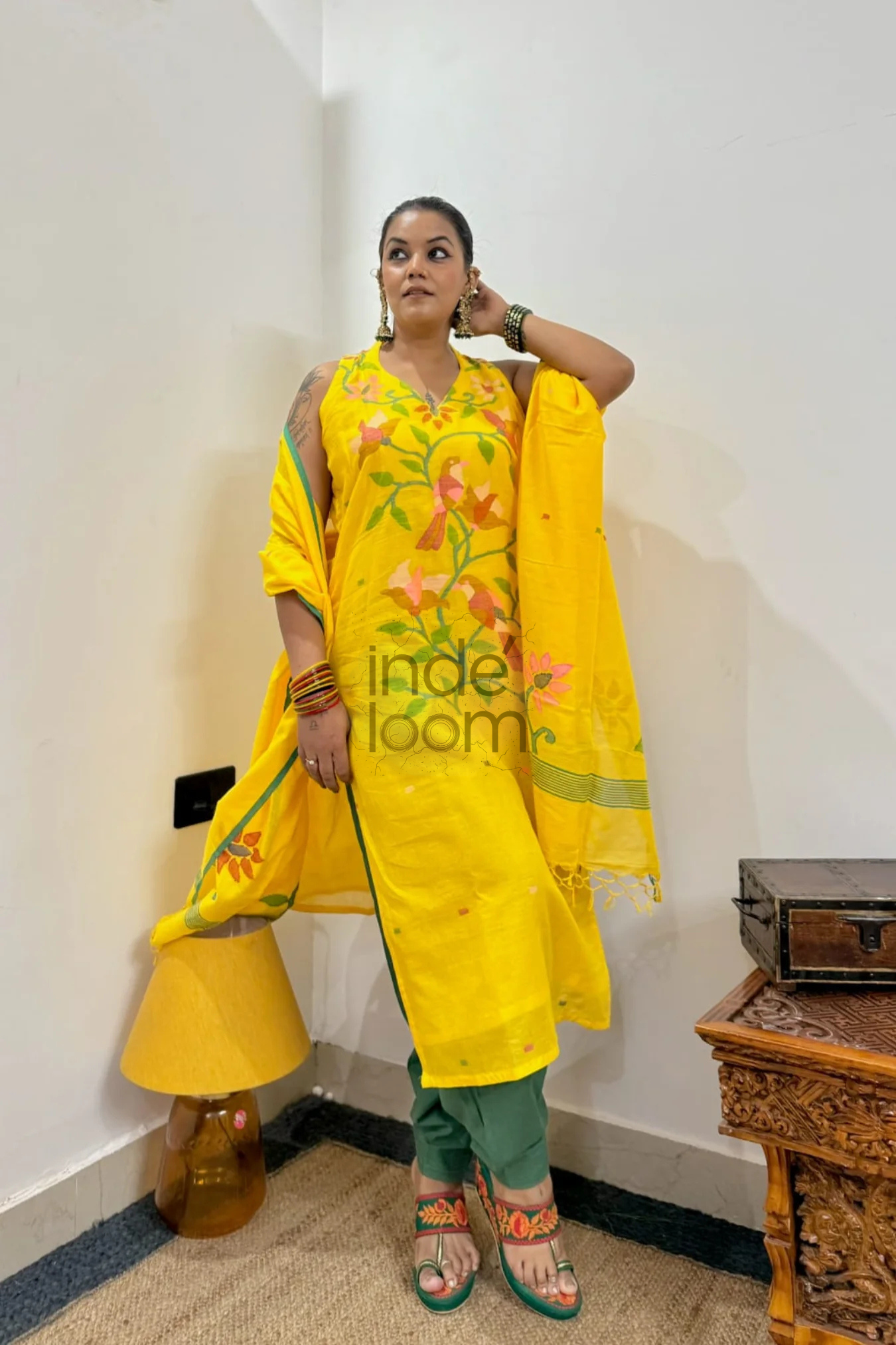 Bright Yellow Jamdani 2 Piece Set Kurti & Dupatta - 358