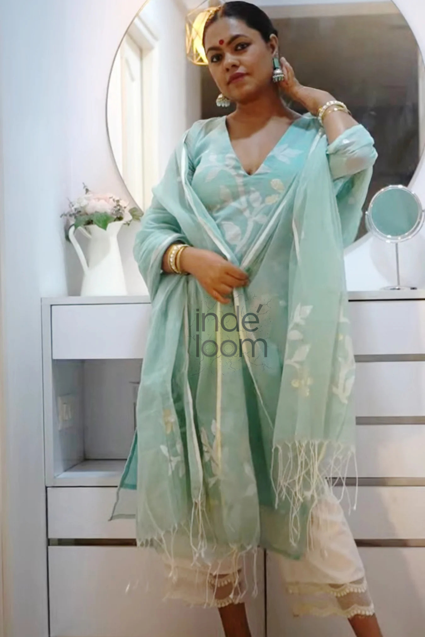 Mint Green Muslin Jamdani 2 Piece Set Kurti & Dupatta - 355