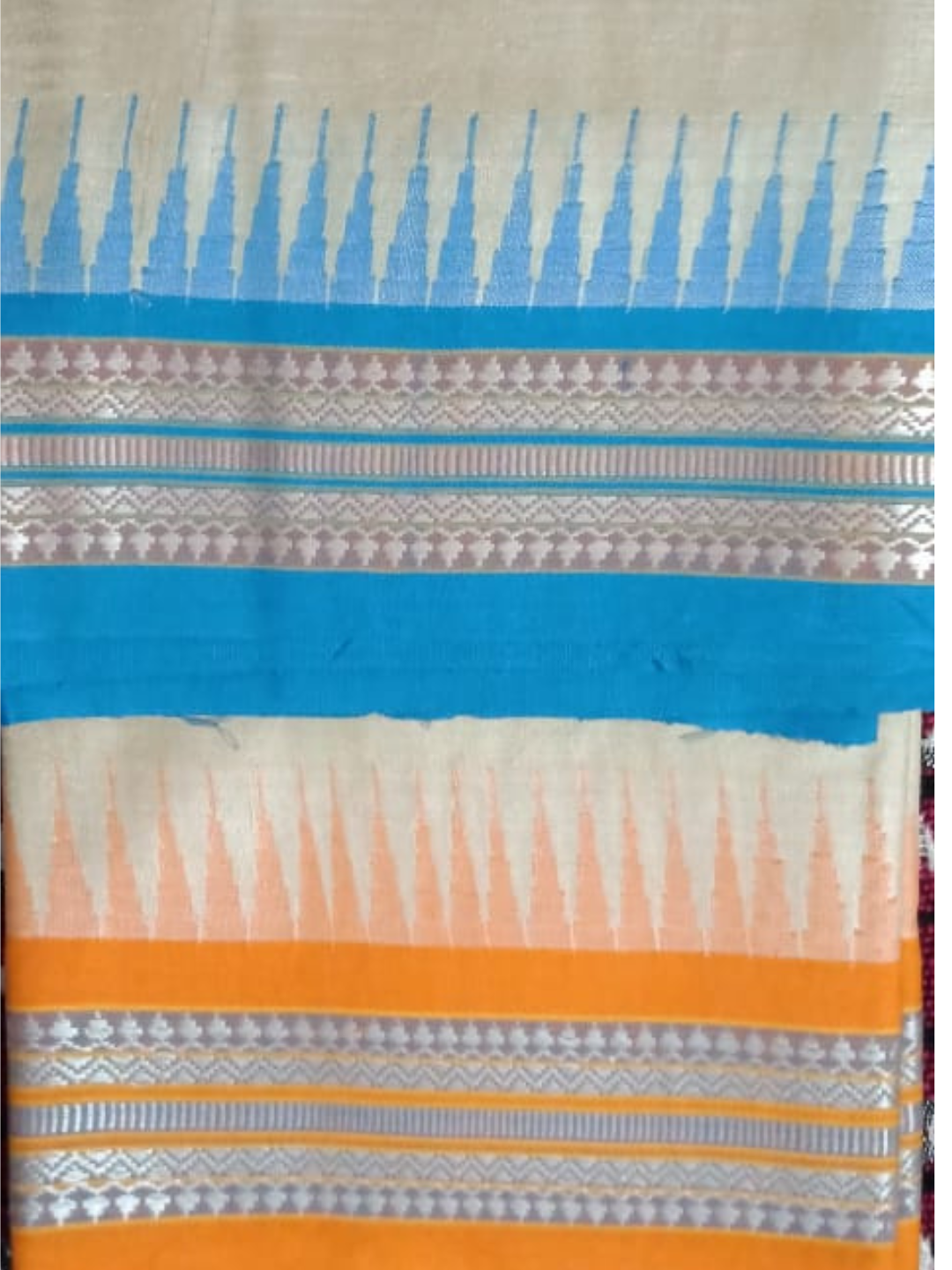 Beige & Blue Orange Handloom Vidarbha Tussar Silk Saree with Multicolor Contrast Border -052