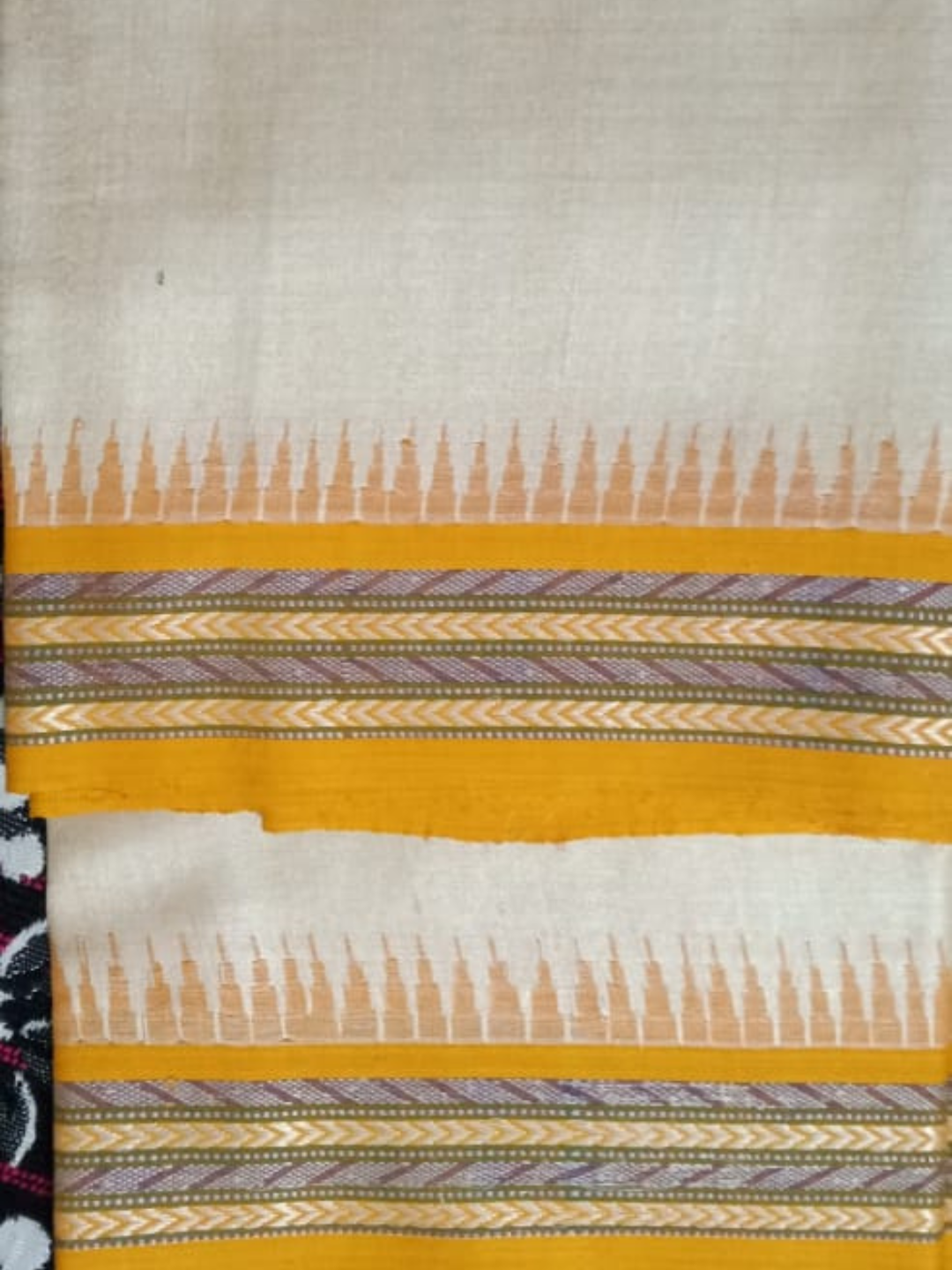 Beige & Golden Yellow Handloom Vidarbha Tussar Silk Saree with Multicolor Contrast Border -055