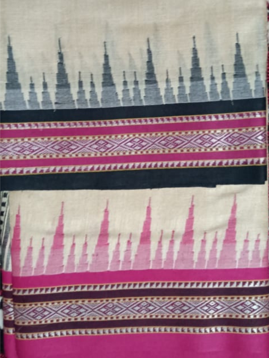 Beige & Green Pink Handloom Vidarbha Tussar Silk Saree with Multicolor Contrast Border -056