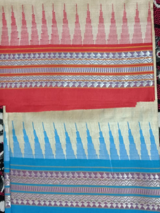 Beige & Red Blue Handloom Vidarbha Tussar Silk Saree with Multicolor Contrast Border -051