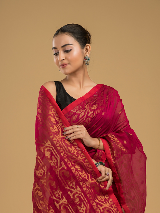 Dark Brown Cotton Silk Jamdani Saree - 004