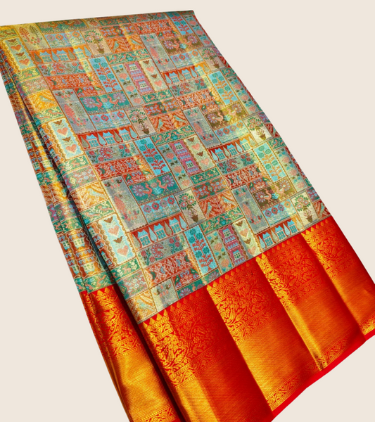 Multiple colour Design-Red Golden Pallu Border Kanjivaram saree - 049