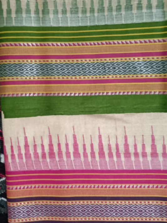 Beige & Green Pink Handloom Vidarbha Tussar Silk Saree with Multicolor Contrast Border -060