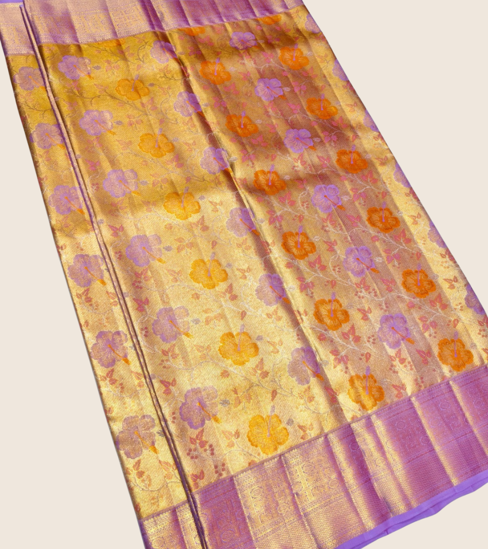 Golden Yellow- Purple Pallu Design Kanjivaram Saree- 048