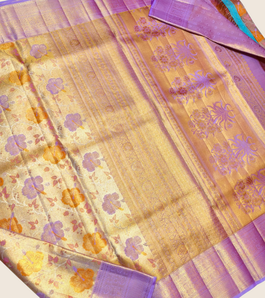 Golden Yellow- Purple Pallu Design Kanjivaram Saree- 048