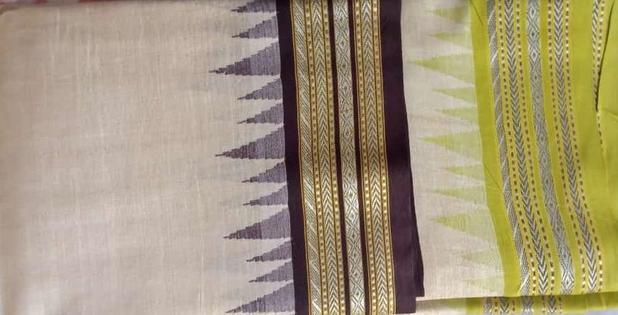 BEIGE & PURPLE, HANDLOOM VIDARBHA TUSSAR SILK SAREE WITH MULTICOLOR CONTRAST BORDER-004