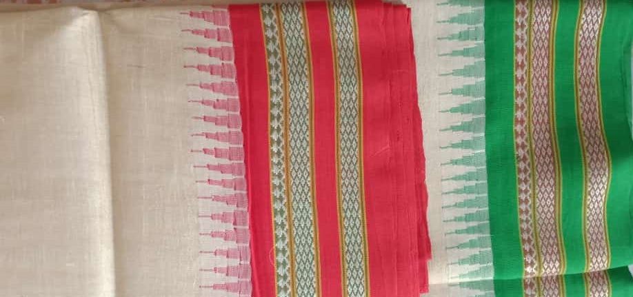 Beige & Cherry Red, Handloom Vidarbha Tussar Silk Saree with Multicolor Contrast Border-006