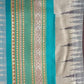 Beige & Blue, Handloom Vidarbha Tussar Silk Saree with Multicolor Contrast Border-009