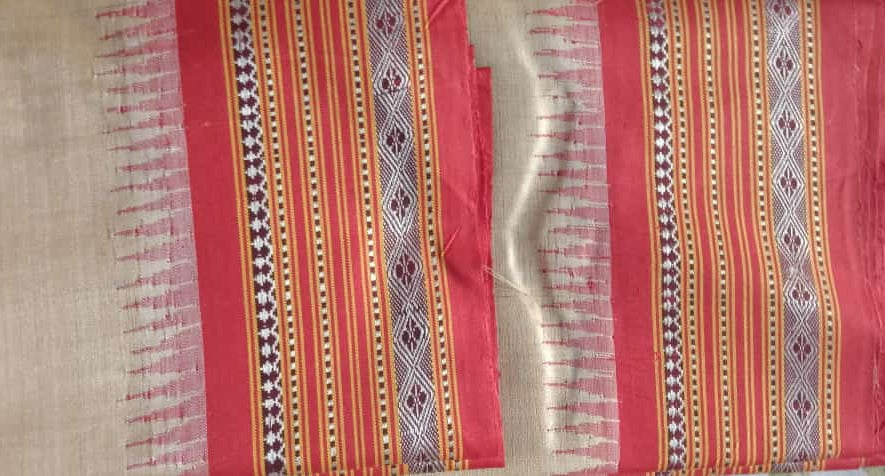 Beige & Pale Orange, Handloom Vidarbha Tussar Silk Saree with Multicolor Contrast Border-007