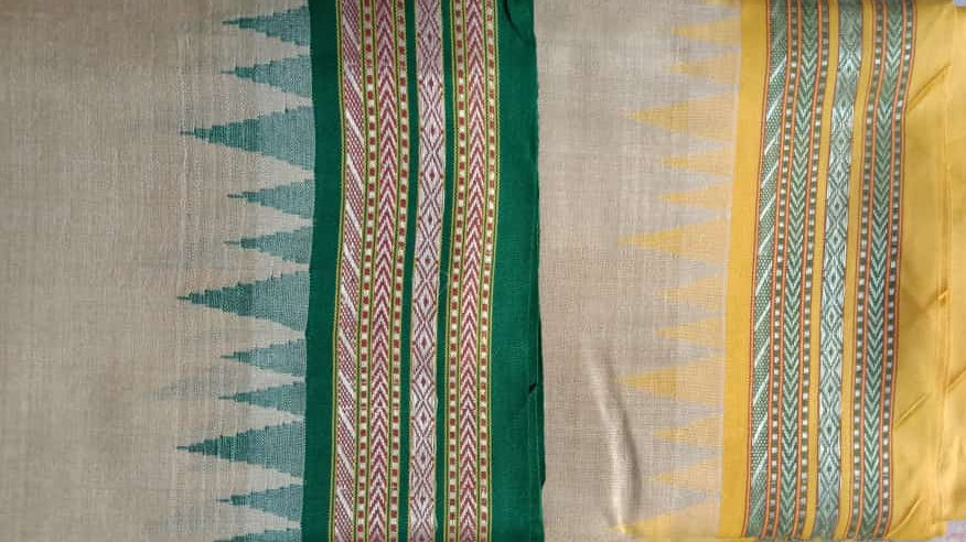 Beige & Green, Handloom Vidarbha Tussar Silk Saree with Multicolor Contrast Border-008