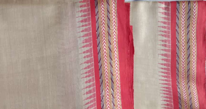 Beige & Red, Handloom Vidarbha Tussar Silk Saree with Multicolor Contrast Border-013