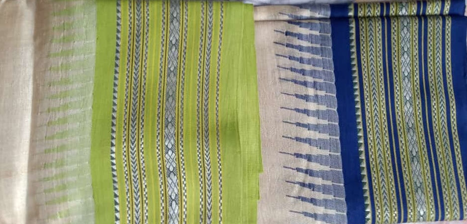 Beige &  Lemon Green, Handloom Vidarbha Tussar Silk Saree with Multicolor Contrast Border-016