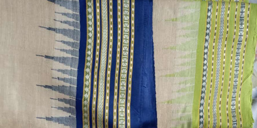 Beige & Blue, Handloom Vidarbha Tussar Silk Saree with Multicolor Contrast Border-019