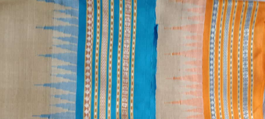 Beige & Blue, Handloom Vidarbha Tussar Silk Saree with Multicolor Contrast Border-023