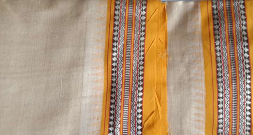 Beige & Orange, Handloom Vidarbha Tussar Silk Saree with Multicolor Contrast Border-024