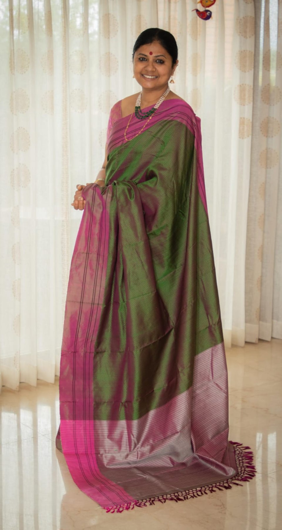 Pure Ilkal Silk Saree x Khun Silk in Olive Green and Pink double Shaded with Pink Border - 039