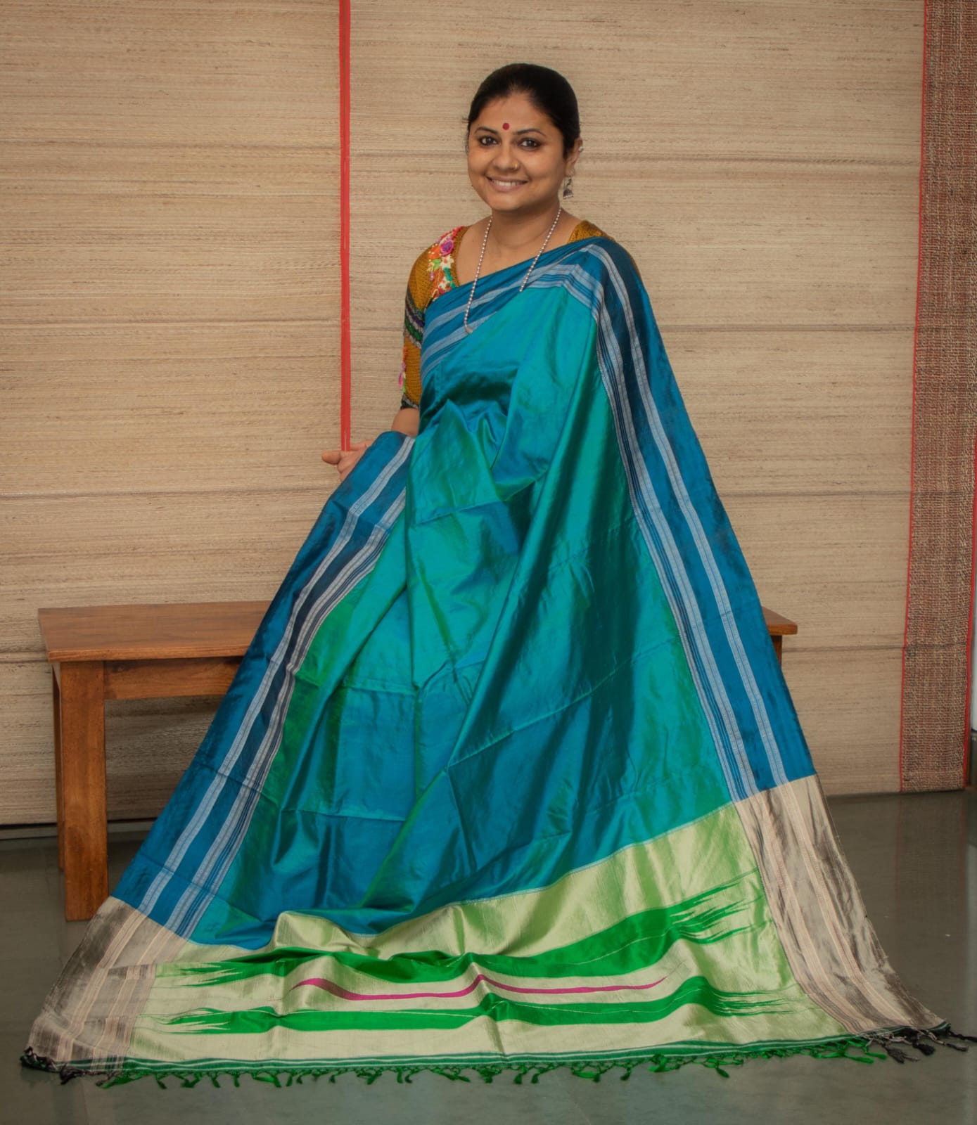 Pure Ilkal Silk Saree in Silver and Peacock Blue Shaded with Blue Border - 040