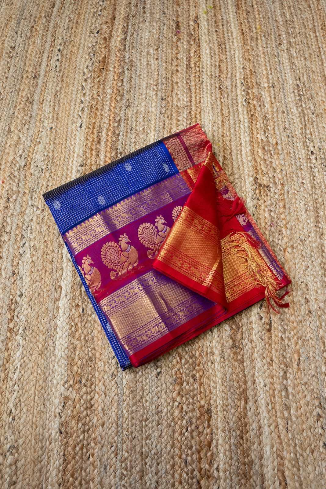 Cobalt Blue with Chilli Red and Silver Border Mayil  Korvai Saree-  010