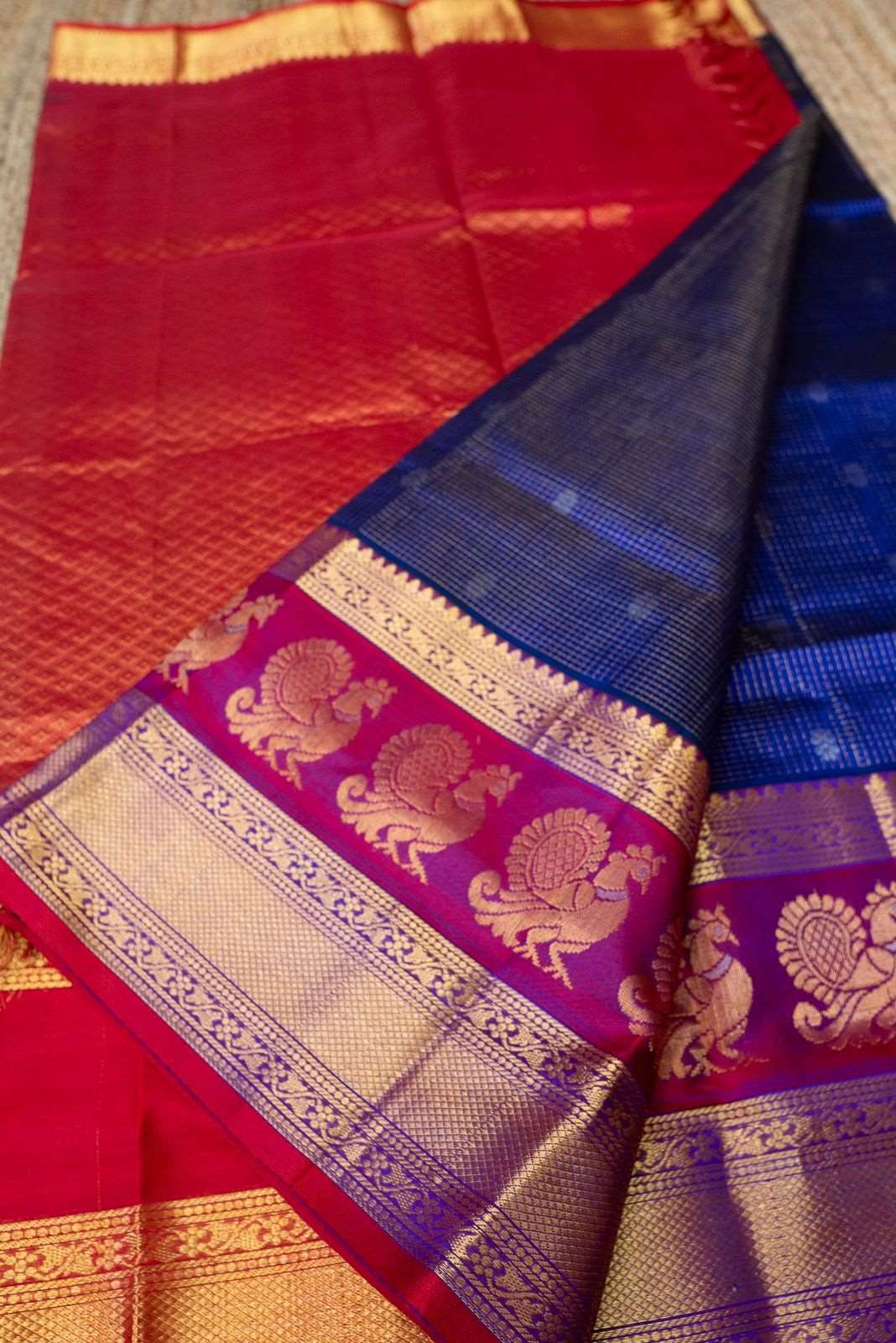 Cobalt Blue with Chilli Red and Silver Border Mayil  Korvai Saree-  010