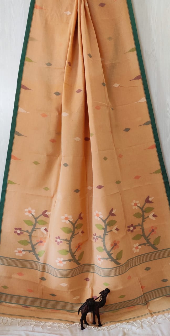 Floral Brown Bengal Pure Cotton Jamdani Saree-032